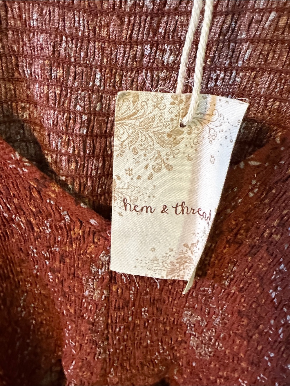 Hem & Thread Rust Paisley Smocked V-Neck Blouse - Picture 10 of 10